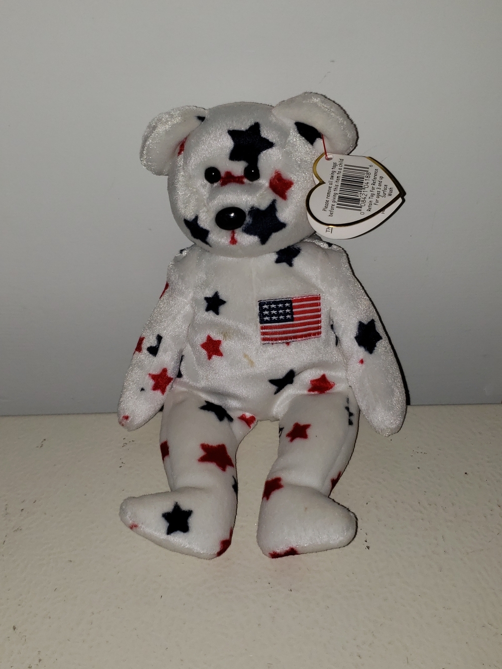 Ty White Plush Bear with Red and Blue Stars